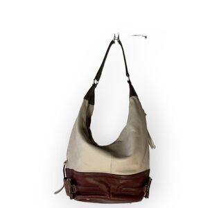 B. Makowsky Beige Brown Pebble Leather Bucket Hobo Shoulder Bag